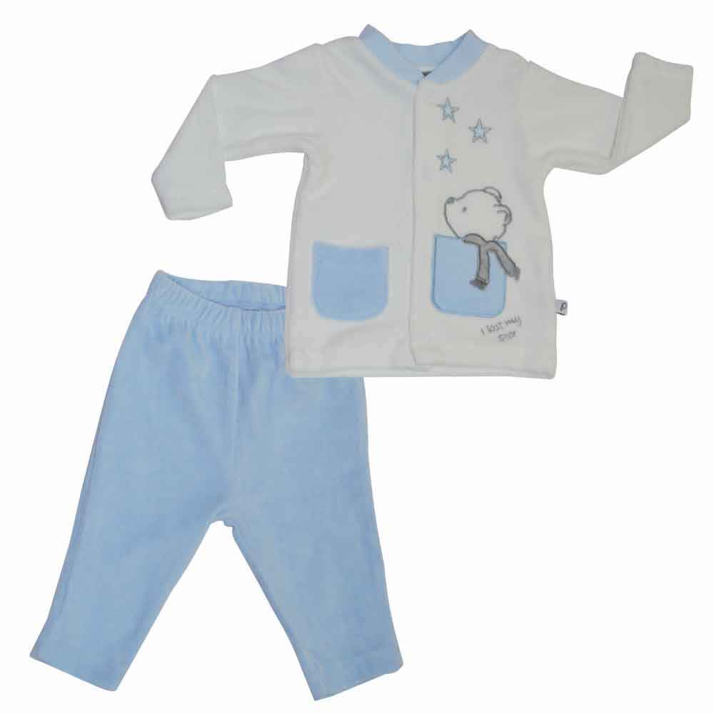 Premom 1015-1 Yıldızlı Ayıcık 2li Kadife Bebek Takımı Mavi
