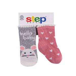 Step Hello Baby Mose 2'li Soket Bebek Çorabı 10097 Gri-Pembe