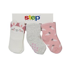 Step Rabbit 3'lü Soket Bebek Çorabı 1987 Gri-Pembe