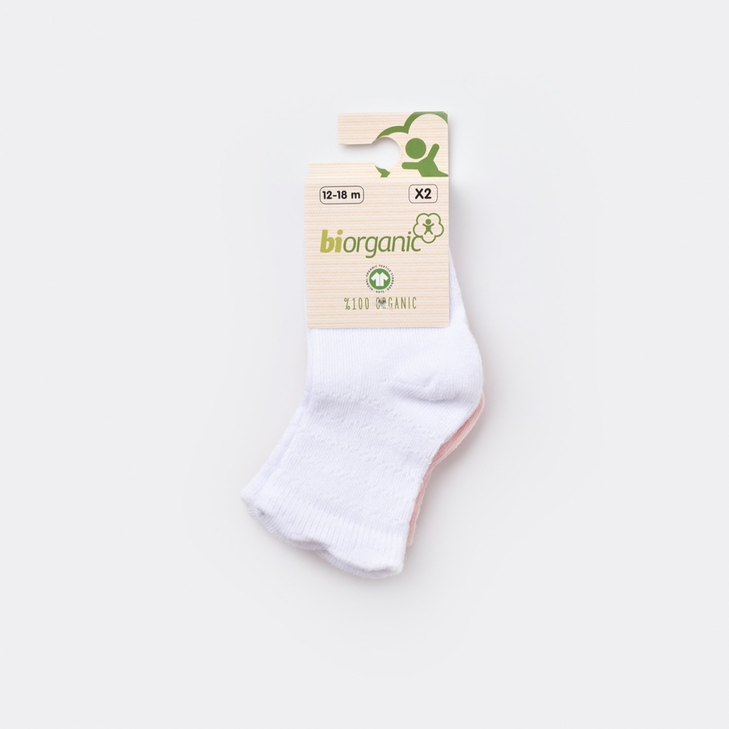 Biorganic Desenli Basic 2'li Bebek Çorabı 68345 Pembe-Beyaz