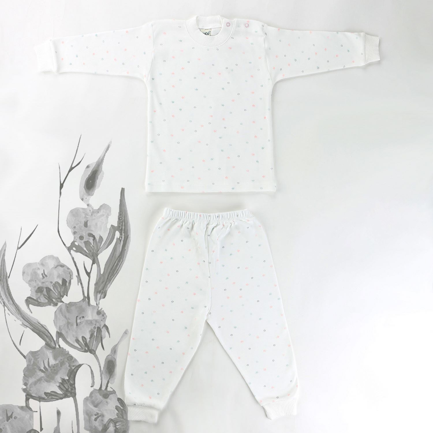 Sebi Bebe Mini Çiçekli Pijama Takımı 9127 Beyaz-Pembe
